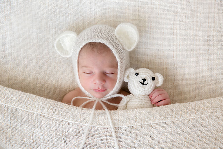 Newborn baby in bear bonnet - Melbourne Newborn photos by Vanilla Images