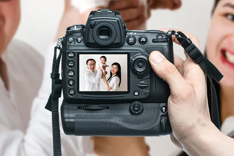 A camera photographing a family